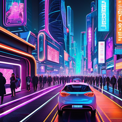 Home 11 **
A futuristic cityscape showcasing interconnected smart devices and autonomous vehicles, all powered by artificial intelligence. Focus on vibrant neon lights and advanced technology, illustrating the seamless integration of AI in everyday life. Include subtle holographic displays showing data streams.
**