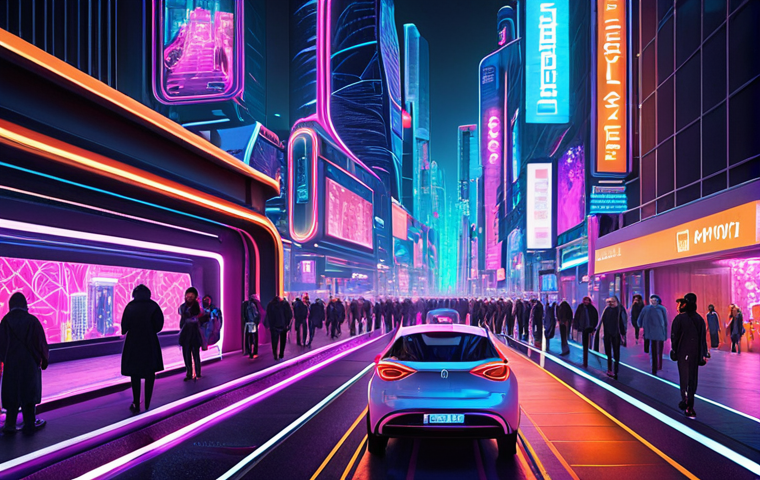 **

A futuristic cityscape showcasing interconnected smart devices and autonomous vehicles, all powered by artificial intelligence. Focus on vibrant neon lights and advanced technology, illustrating the seamless integration of AI in everyday life. Include subtle holographic displays showing data streams.

**