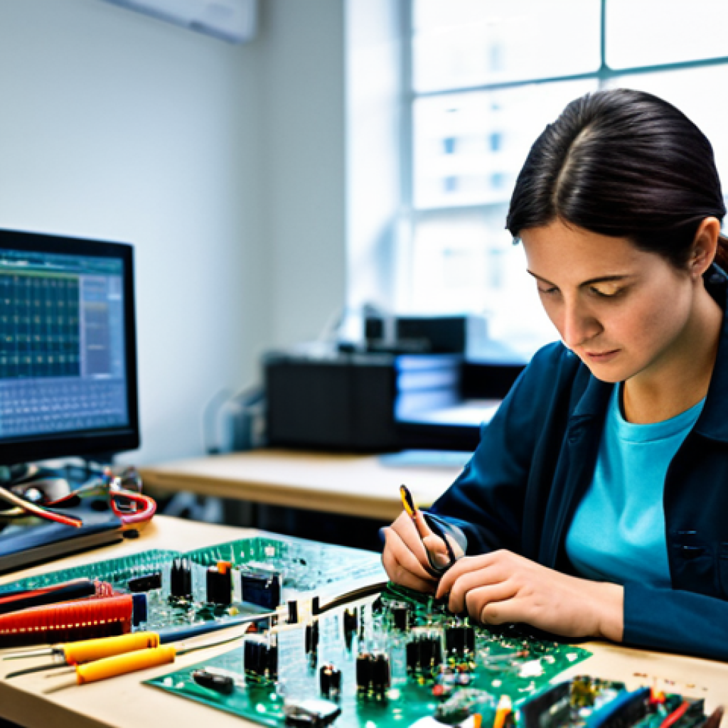 **

A professional electronics engineer, fully clothed in appropriate attire, working at a brightly lit workbench filled with circuit boards and tools. She is focused on a complex circuit design, using a multimeter. Modern electronics lab in the background, safe for work, perfect anatomy, natural proportions, professional, appropriate content, modest, family-friendly, high quality.

**
