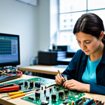 **

A professional electronics engineer, fully clothed in appropriate attire, working at a brightly lit workbench filled with circuit boards and tools. She is focused on a complex circuit design, using a multimeter. Modern electronics lab in the background, safe for work, perfect anatomy, natural proportions, professional, appropriate content, modest, family-friendly, high quality.

**
