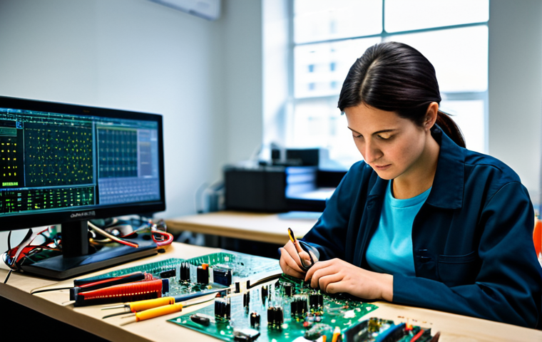 **

A professional electronics engineer, fully clothed in appropriate attire, working at a brightly lit workbench filled with circuit boards and tools. She is focused on a complex circuit design, using a multimeter. Modern electronics lab in the background, safe for work, perfect anatomy, natural proportions, professional, appropriate content, modest, family-friendly, high quality.

**