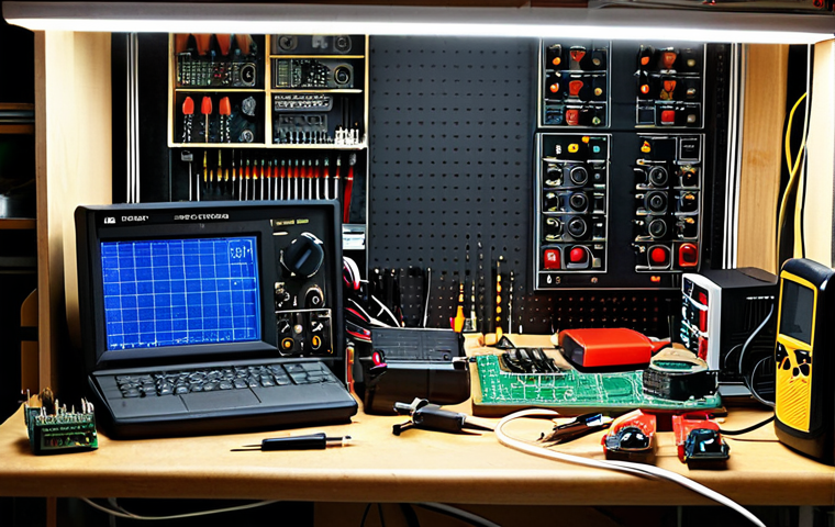 전자기기 시험 준비 타임라인 - Electronics Workbench**
"A tidy electronics workbench with various tools (soldering iron, multimete...