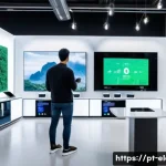 전자기기 관련 기업 탐구 - A futuristic electronics showroom in S&atilde;o Paulo, Brazil, showcasing the latest 5G-enabled smartphones...