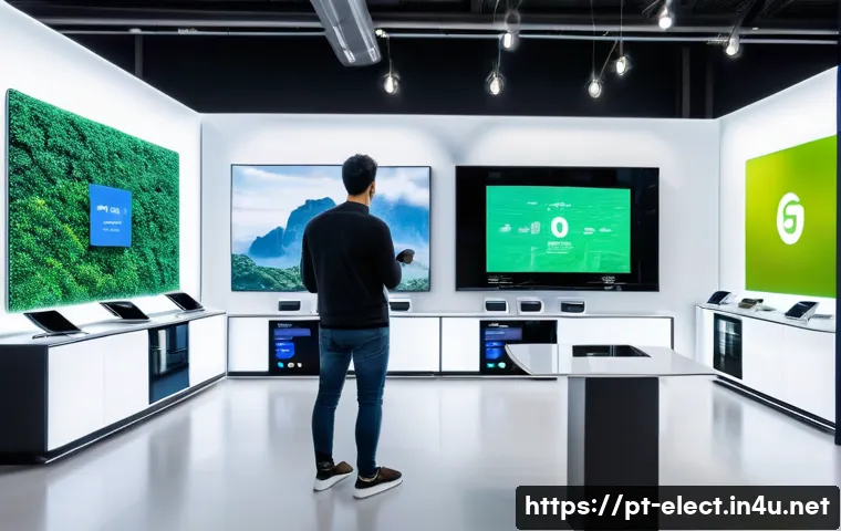 전자기기 관련 기업 탐구 - A futuristic electronics showroom in São Paulo, Brazil, showcasing the latest 5G-enabled smartphones...