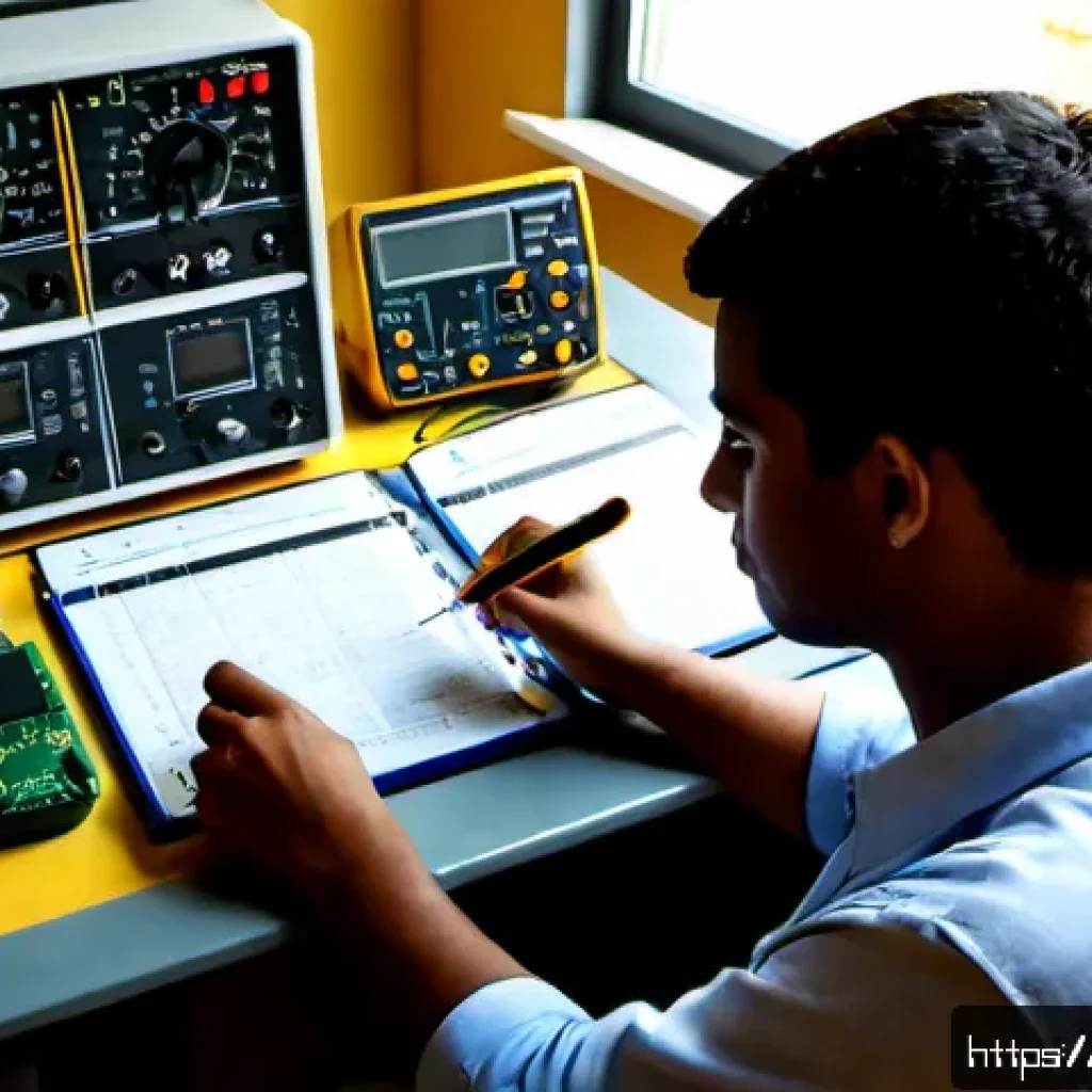 전자기기 자격증 기출 문제 분석 - Photorealistic Brazilian electronics technician analyzing certification practice materials at a tidy...