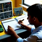 전자기기 자격증 기출 문제 분석 - Photorealistic Brazilian electronics technician analyzing certification practice materials at a tidy...