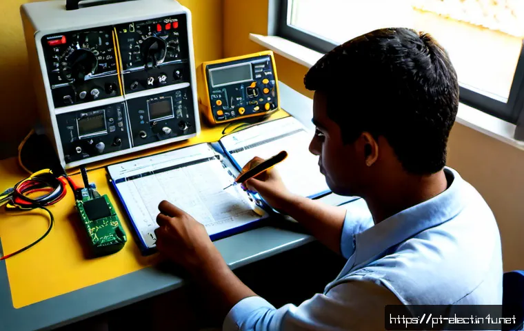 전자기기 자격증 기출 문제 분석 - Photorealistic Brazilian electronics technician analyzing certification practice materials at a tidy...