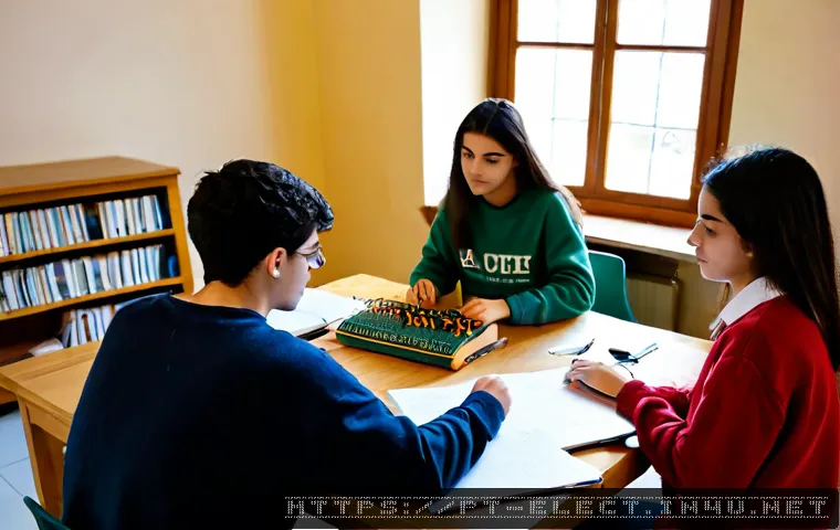 전자기기 시험 대비 스터디 그룹 구성 - Photorealistic study group of four Portuguese university students preparing for an electronics exam ...